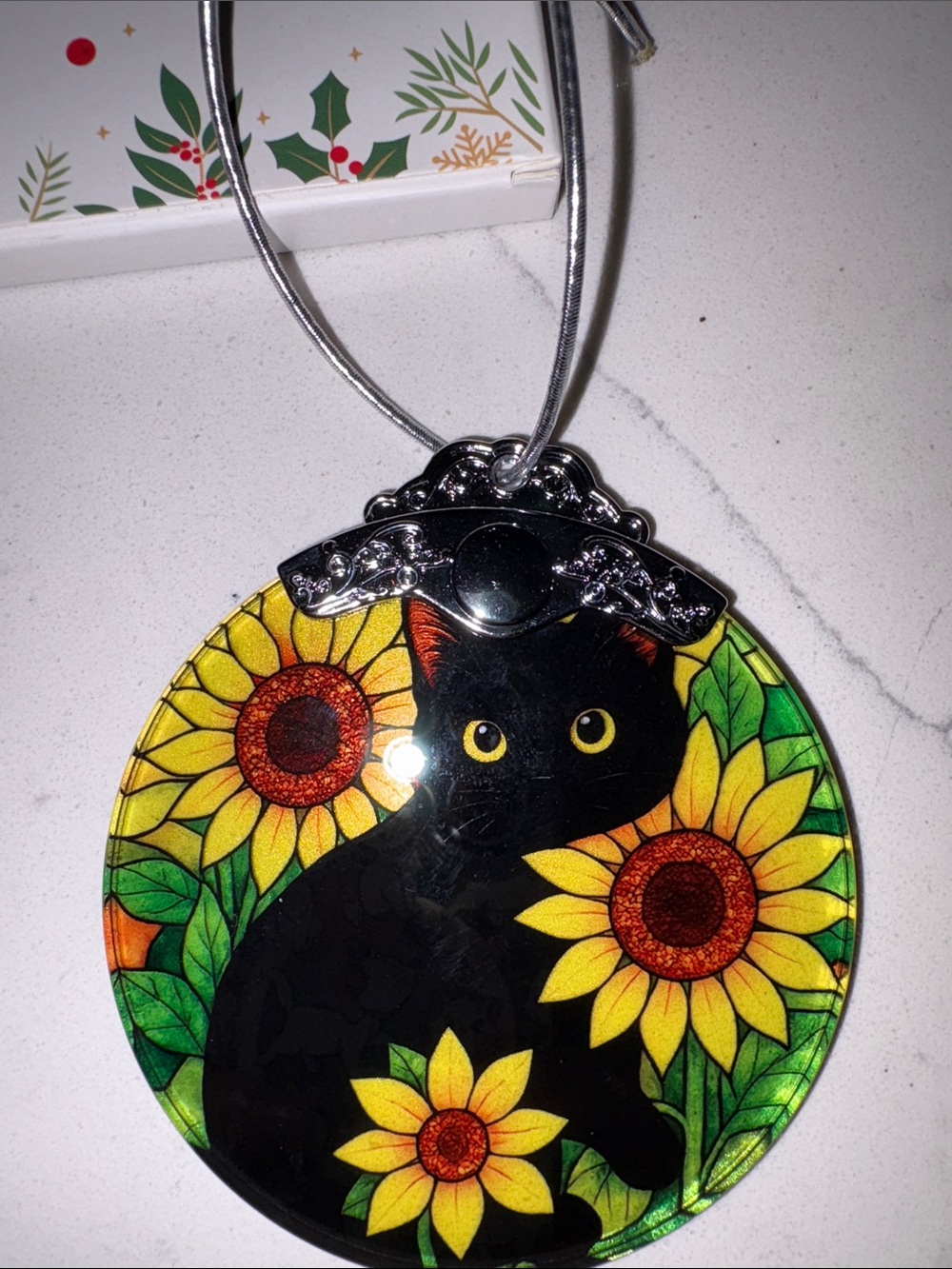 Black Cat & Sunflower Round Ornament glass nwt